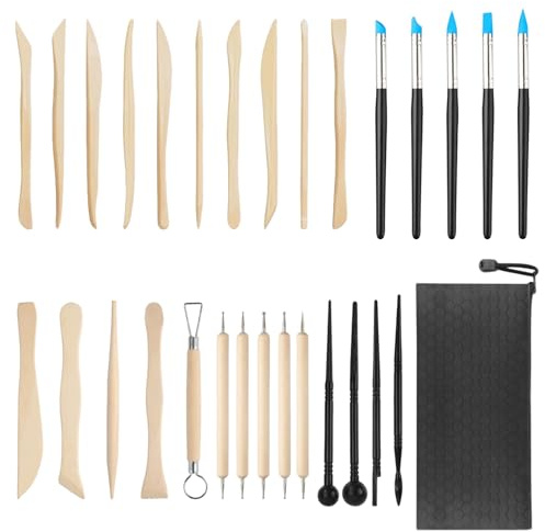 30 Stück Modellierwerkzeug Ton Holz Ton Werkzeug Set Modelierwerkzeugset Fondant Polymer Clay Tools Töpferwerkzeug Set mit Aufbewahrungstasche Sculpting Werkzeug für Keramik Skulptur Carving Tools