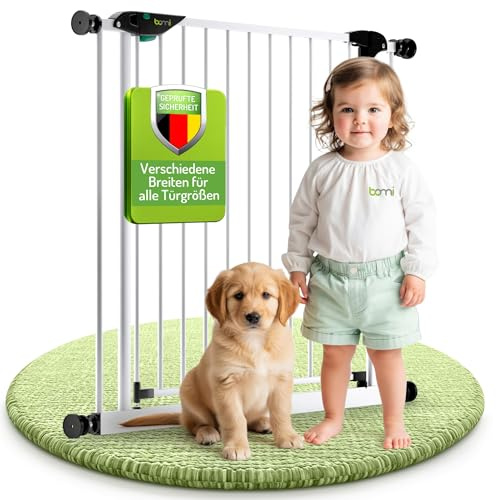BOMI Türschutzgitter Mira | Ohne Bohren | 90° Stop | Schließt automatisch | Tuerschutzgitter weiß Metall Selbstschließend | Treppengitter zum Klemmen für Baby | Breite: 73-81 cm