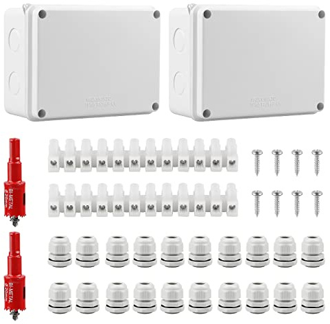 CPROSP 2er Abzweigdose IP44 Feuchtraumdosen 150 110 70 mm, x, für Ø 6-12 mm | Aufputz-Abzweigkasten; Wasserdicht; mit 10x Kabelverschraubungen; mit Lochsäge 20 mm