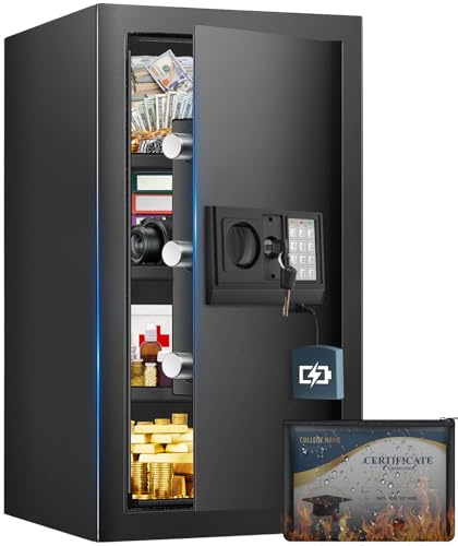 80L Digitaler Safe Tresore für Zuhause mit Feuerfester Wasserdicht Tasche | Möbeltresor mit Zahlencode, Schlüssel, USB-C-Anschluss Abnehmbares Regal und Alarmmodus, Wandtresor für Bargeld Wertsachen