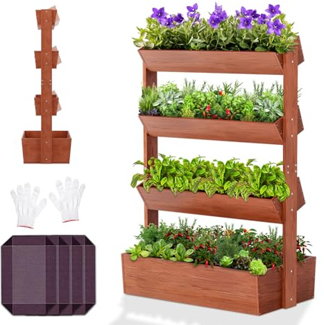 SUNYRISY Holz Hochbeet Premium Blumenkasten Balkon, 4 Etagen Outdoor Blumentreppe Pflanztreppen Gemüsebeet Kräuterbeet Mit Etagen, Balkon Garten Terrasse Dekoration
