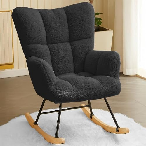 Hawthyhome Schaukelstuhl mit Armlehnen bis 136 kg, Schwarz | Hohe Rückenlehne; gepolsterte Armlehnen; Lendenkissen inklusive; Stillsessel für Babyzimmer, Wohnzimmer & Leseecke