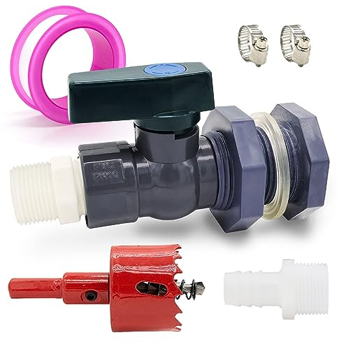 Regentonne Zapfhahn Set PVC Regentonnen Ventile (25mm+16mm) mit Schottverschraubung und Schlauchadapter und Lochsäge Schlauchschellen Wasserhahn Regentonne Set für Aquarien, Pools (1 Garnitur)