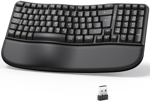 OMOTON Kabellose Tastatur Ergonomisch Wave Keys, Ideal für Büro und tägliche Nutzung, 2,4 GHz USB-Verbindung, PC Tastatur mit Handballenauflage, Deutsches QWERTZ Layout, Schwarz