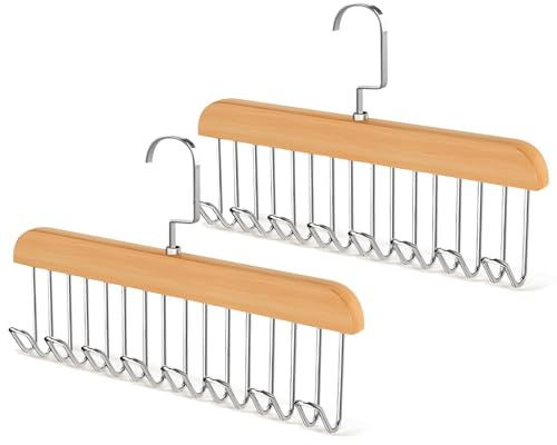 Gürtelhalter für den Kleiderschrank,2er-Pack Stabiler Gürtel Aufbewahrung aus Holz mit 8 Haken und 360° Drehbaren Haken Krawattenhalter für Gürtel,Krawatten, Schals,BHS Tanktops 28 cm
