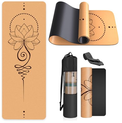 Haninj® Yogamatte-Kork, Rutschfest, Einzigartiges Design, Extradick Natürlicher Kork, TPE Fitness-Trainingsmatte mit Tragetasche und Gurt, für Zuhause, Pilates, Aerobic Fitnessstudio und Workout