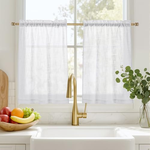 PONY DANCE Scheibengardine Leinenoptik Gardinen Weiss Halbtransparent | Bistrogardine 2er Set, H 45 x B 60 cm, Küchenvorhang, mit Stangendurchzug, Lichtdurchlässig, Kurz, Sichtschutz, Modern
