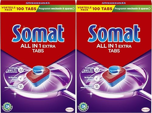 SOMAT All in 1 Extra Spülmaschinen Tabs (2 x 100 Tabs), für strahlend sauberes Geschirr auch im Niedrigtemperatur-, Kurz- & Eco-Programm, entfernt Eingekrustetes und sorgt für brillanten Glanz