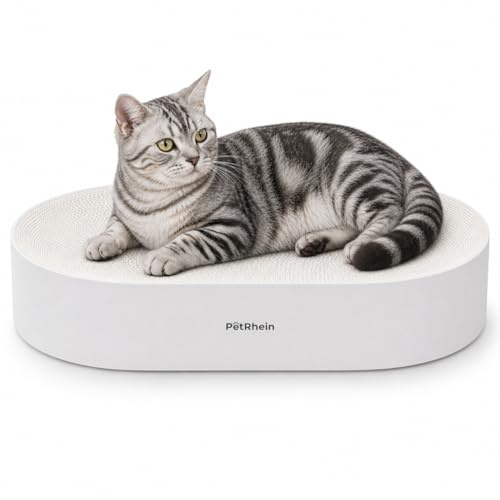 PetRhein Zen Paw Kratzbrett und Katzenbett 63x35cm – Ergonomische Kratzpappe aus Wellpappe, wasserfeste Basis, schadstofffrei und langlebig, XL Kratzmöbel, Weiß