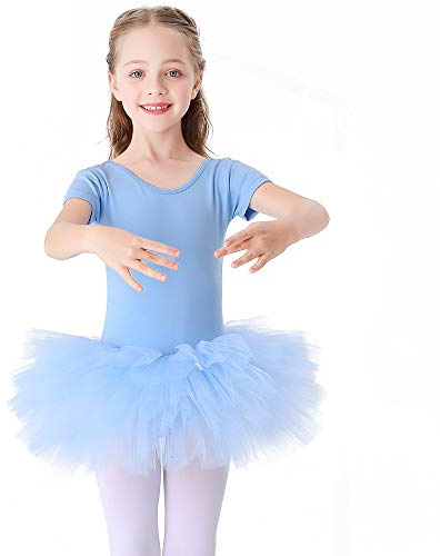 Kinder Ballettkleidung Tütü Ballettkleid Mädchen Baumwolle Balletttrikot Kurzarm Ballettanzug Tanzbody mit Rock Blau 120