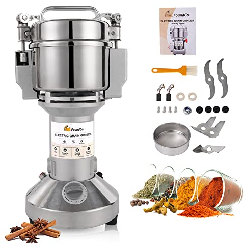 FoundGo Elektrische Getreidemühle [500g 25000RPM] Superfeine Edelstahl Getreide Mühle mit Überlastschutz & Öffnungsstopp für Gewürze Kaffee Mehl Pfeffer Kräuter (Aufrecht)