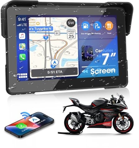Airpuxem 7 Motorrad Carplay Android Auto Dual Bluetooth Navigationsgeräte | Motorrad Display für Motorräder mit Siri, G-oogle Assistent, IP67 Wasserdicht für Pendelnde Fahrt
