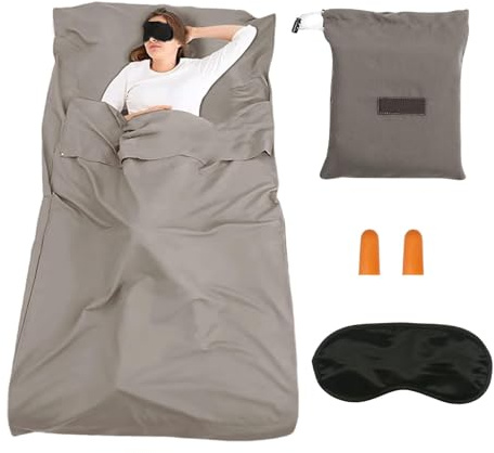 ZHYUAN Hüttenschlafsack,Ultra-Leichter Reise-Schlafsack,Ultraleicht Schlafsack Inlett,Mit Augenmaske und Ohrstöpseln,Dünner Komfort Reiseschlafsack,für Sommer,Rucksackreise,Hotels ud Hütte (Grau)