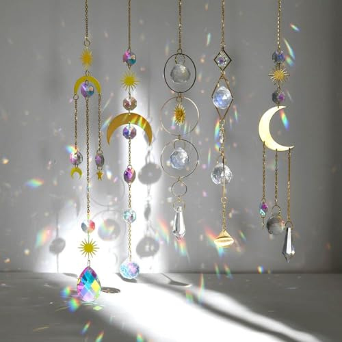 OFFCUP Sonnenfänger Kristall Windspiel, 5 Stück Anhänger Deko, Mond Stern | Hanging Kristall Sun Catcher Fensterdeko Hängend, Ornament Kristallkugeln für Garten Zuhause Büro