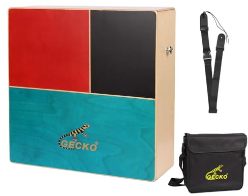 GECKO Cajon Drum Dual Sided Wooden Cajon with Bongo and Guitar String Sounds Portable Hand Percussion for Beginners and Professional Drummers - Birke und Walnuss mit Tragetasche