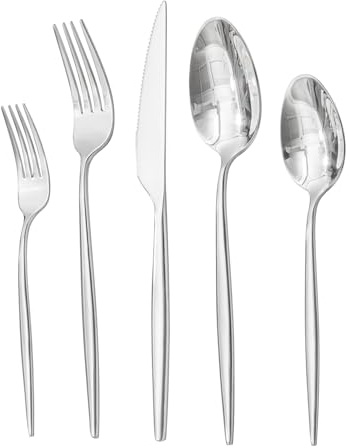 HIKAA Besteck Set 4 Personen, 20-Teiliges Edelstahl Besteckset aus hochwertigem 18/10, Essbesteck mit Gabeln, Messern und Löffeln, Cutlery Set für Restaurant, Hochzeit, spülmaschinenfest(Silber)