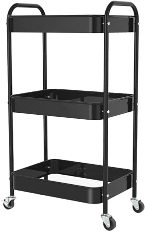 PNVXNUS 3-Stufiger Rollender Metall-Aufbewahrungswagen mit Rädern, multifunktionaler Organizer für Büro, Küche, Badezimmer, Bücher, Windeln - einfache Montage(Schwarz)