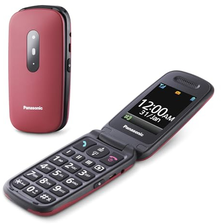 Panasonic KX-TU446EXR 2G Seniorenhandy ohne Vertrag (SOS-Notruftaste, Stoßfest, Sprachverstärker, große getrennte Tasten, große Schrift und Nummernanzeige, 2,4 Zoll Farbdisplay, Klapphandy, Rot