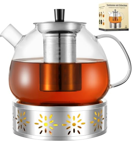 HEMOLY 1500ML Teekanne mit Siebeinsatz, Teekanne mit Stövchen, Glasteekanne, Teekanne Glas, Teekanne Glas mit Siebeinsatz, Teekanne mit Sieb