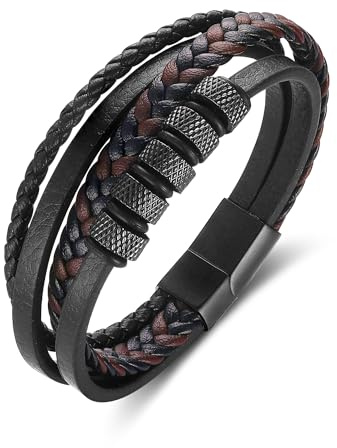 Gkmamrg Valentinstagsgeschenk für Männer Armband Herren Geschenk für Männer - Lerderarmband Leder Männer Armband schwarz Armreif - geflochten Echtleder Breites Wickelarmband mit Magnet Verschluss
