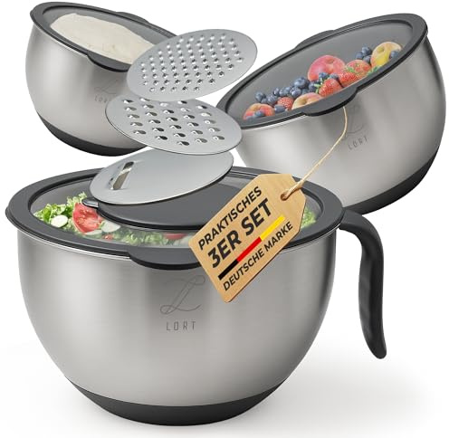 Lort Rührschüsselset mit STABILEM GRIFF & 3 Reiben - Einziges Set mit ergonomischem Haltegriff - Edelstahl, Rutschfest, Spülmaschinenfest