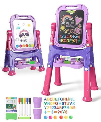 Lehoo Castle Tafel Kinder, Kindertafel mit Kreidetafel & Whiteboard 360 drehbare Höhenverstellbar schultafel für kinder mit Zubehör, Spielzeug ab 3 jahre mädchen Jungen(Lila)