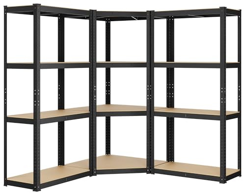 SONGMICS Eckregal-Set, Schwerlastregal, Metall, bis 1500 kg belastbar | Lagerregal, Kellerregal, 4 Ebenen, für Garage, Abstellraum, tintenschwarz-naturbeige