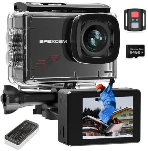 Apexcam M80 mit 64G Karte Action Cam 4K60FPS 48MP WLAN Sportskamera Unterwasserkamera 40m Wasserdicht 8X Zoom 2.4G Fernbedienung 2x1350mAh Akkus mit Zubehör Halterungs-Set