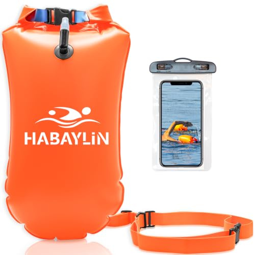 Habaylin Schwimmboje - 20L Orange, Boje Schwimmen für Erwachsene | Trockensack Aufblasbar Wasserdicht Dry Bag für Open Water, Triathlon, Strand
