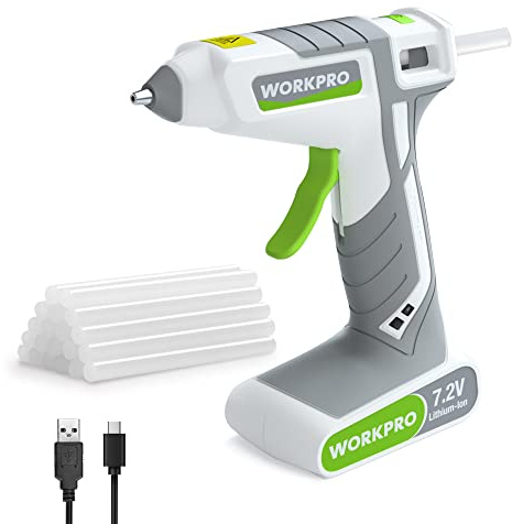 WORKPRO Heißklebepistole Akku kabellos 7,2V, Akku Klebepistole mit 20 Klebesticks, 40s schnelle Aufheizung, Schnelle Klebstoffabgabe, USB-Aufladung, für Handwerk, Dekoration, mit Typ-C-Ladekabel