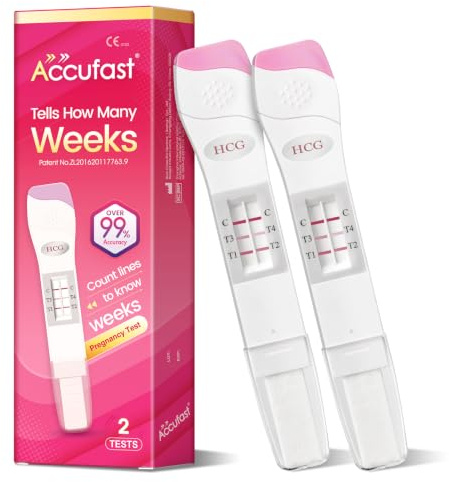 Accufast 2X Schwangerschaftstest mit wochenbestimmung - Sagen Sie Ihnen wie viele Wochen schwanger sind, 25 mIU/ml hCG-Spiegeltest für 1-4 Schwangerschaftswoche - Deutsch Handbuch