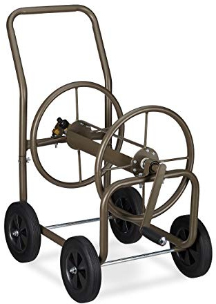 Relaxdays Schlauchwagen XL, fahrbare Schlauchtrommel, Metall, für 60m Schlauch, 4 Räder, mit Kurbel, 90° Abrollen, braun