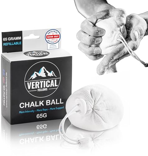 VERTICAL FELLOWS Chalk Ball 65 Gramm wiederbefüllbar - DERMATEST sehr gut - idealer Kreide & Magnesia Chalkball für Klettern Bouldern Turnen Gewichtheben Cross Fit