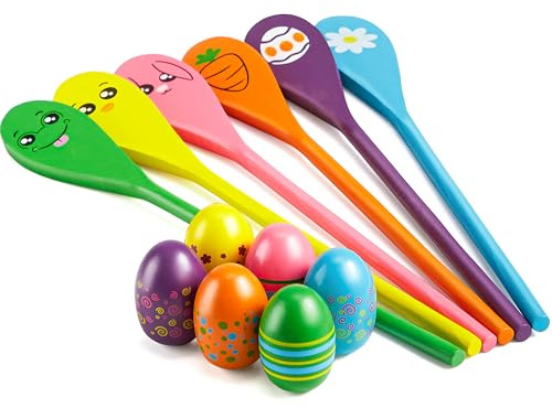 JOYIN eierlauf Eier- und Löffel-Rennspiel dosenwerfen 6 Ostereier und Plastiklöffel Spiele Kindergeburtstag osterspiele Outdoor Spiele für Kinder Ostern Geschenke