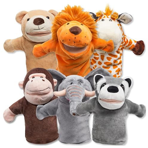 JOYIN 6 Stück Tier Handpuppen Spielzeug Set für Kinder,Freunde Im Tiergarten, Deluxe plüschtiere Kinderhandpuppen mit beweglichem offenem Mund für EIN fantasievolles Spiel