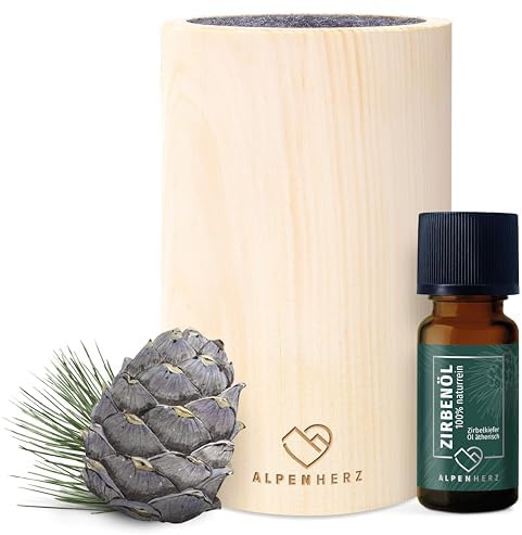 Alpenherz Diffuser Set mit Zirbenöl 10 ml - Naturrein aus Österreich - Zirbenholz Würfel mit Filz Duftspender Schönes Zirbelkiefer Set als Deko