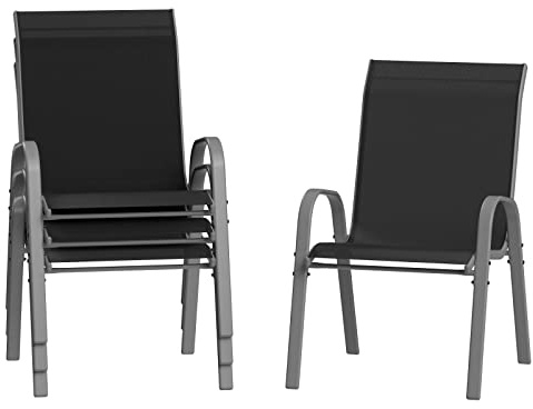 Amopatio 4er Set Gartenstühle Stapelbar, Breiter 55cm Hochlehner Stapelstühle aus Textilene und Metallgestell, Terrassenstühle Balkonstuhl mit Armlehnen Wetterfest, 60 x 72 x 96 cm, Schwarz