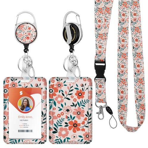 ID Badge Holder mit Lanyard, einziehbare ID Badge Card Holders Abnehmbare Hals Lanyard Strap mit Badge Reel und vertikale ID-Halter für Krankenschwester Studenten (Flower Pink)