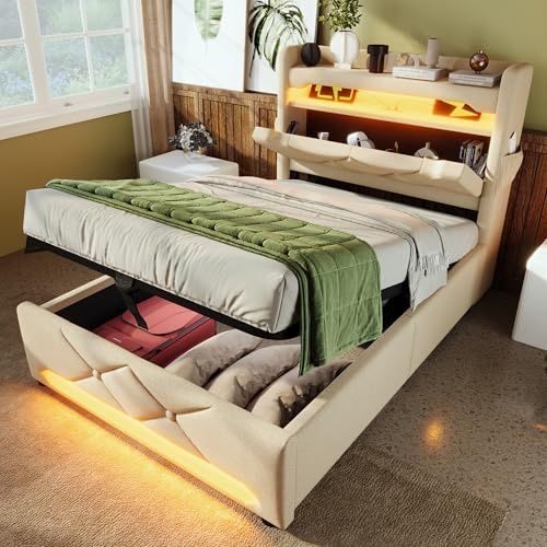 DEKKETO Boxspringbett 90 x 200 und Lattenrost mit Stauraum, kopfteil mit 3 USB und 1 Typ C-Port, Polsterbett mit LED-Funktion rund um Kopfteil und Fußende, Leinen Bett Beige, ohne Matratze