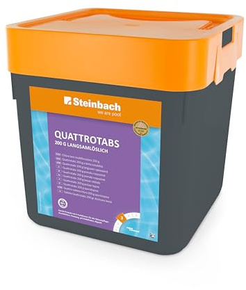 Steinbach Poolpflege Quattrotabs 200 g langsamlöslich - 0752605TV00-5 kg - 4-in-1 Chlortabletten mit Flockungsmittel - pH-Stabilisator & Algenverhütung - Multifunktionstabletten