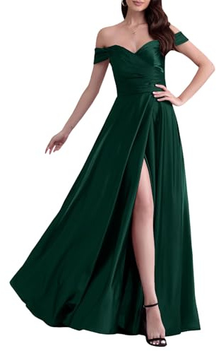 ECDAHICC Schulterfreies Brautjungfernkleid Für Damen Satin Langer Schlitz Elegantes Formelles Abendkleid A-Linie Hochzeits und Partykleid