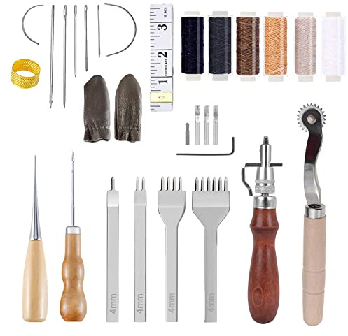 Leder Nähen Werkzeug Set DIY Lederhandwerk Nähwerkzeug Set mit 6 Farben Wachsfaden Leder Nähnadeln Locher Meißel Groover Ahle Fingerhut und anderen Zubehören zum Nähen und Schneiden für Anfänger