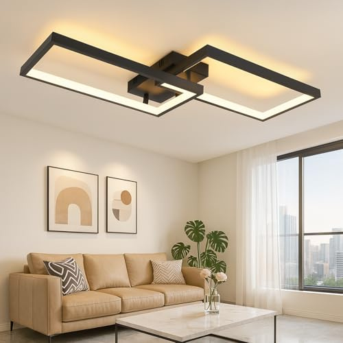 CBJKTX Deckenlampe Wohnzimmer LED Deckenleuchte Dimmbar Modern 2-Rechteckig | mit Fernbedienung Wohnzimmerlampe Schwarz Lang 60CM Schlafzimmerlampe Metall Küchenlampe für Schlafzimmer Küche Flur Büro