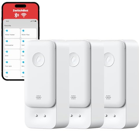 SwitchBot WLAN Wassermelder kein Hub erforderlich(nur 2.4G), Smart Wassersensor 3er Pack 100dB Einstellbarer Alarm&App-Benachrichtigung, IP67 wasserdicht, Wasserleck-Detektor für Küche, Bad, Keller