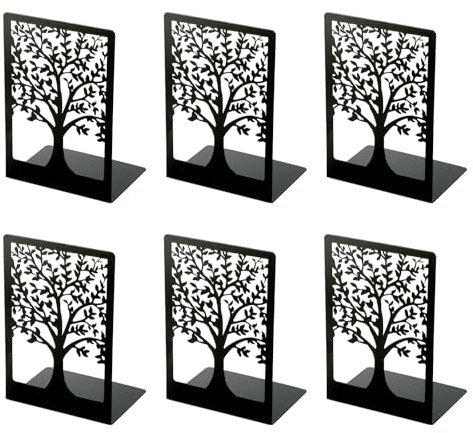 Atliberswo 6 Stück Buchstützen Metall - Buchstütze Schwarz mit Muster der Form des Lebensbaums, Bücherhalter für Büro Schule Zuhause Bibliothek (18x12x8cm)