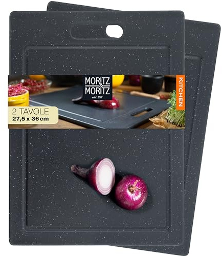 Moritz & Moritz 2x Schneidebretter Kunststoff - 36 x 27,5 cm - Schneidebretter BPA frei - Küchenbretter Granitoptik - Cutting Board mit Antirutschfüßen, Eingriffsöffnung - Schneidebrett mit Saftrille