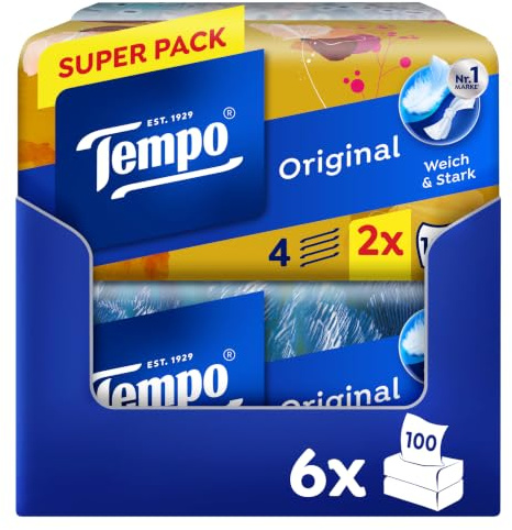 Tempo Original Taschentücher Duo-Box - Vorteilspack - 12 Boxen, 100 Tücher pro Box - extra starke, weiche Papiertaschentücher, waschmaschinenfest