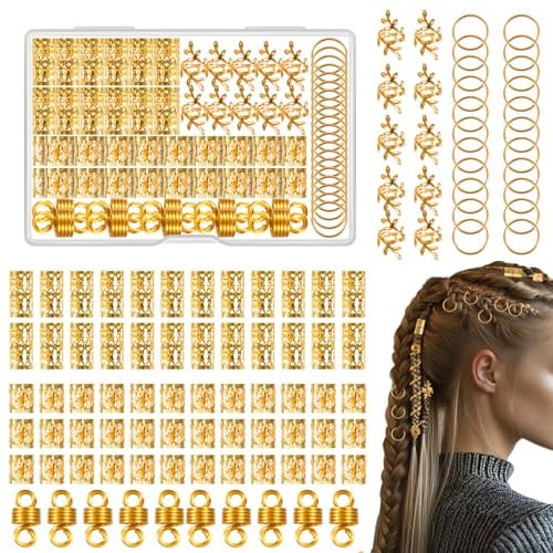 Kieswan 100 Stück Dreadlocks Schmuck Wikinger Haarschmuck Gold, Metall Haarringe für Zöpfe, Verstellbar Cuffs Haarperlen Haarspiralen für Braids Zubehör Dekoration