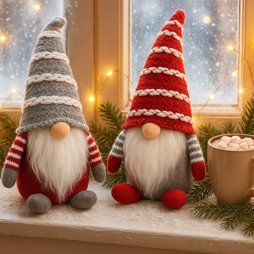 KAMACA Skandi-Wichtel Duo stehende Dekofigur 25 cm hoch mit Zipfelmütze & Rauschebart skandinavische Stoff-GNOME Weihnachtsdeko Geschenk Weihnachten Winterdeko (2er Set Wichtel stehend rot grau)