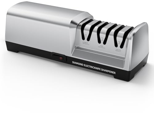 HIUYRFS elektrischer Messerschärfer Professioneller mit 3 Stufen, Überhitzungsschutz, Leisem Motor, Schnelles für Küchenmesser, Elektrischer Messerschärfen für Küchenmesser Knife Sharpening (Silber)
